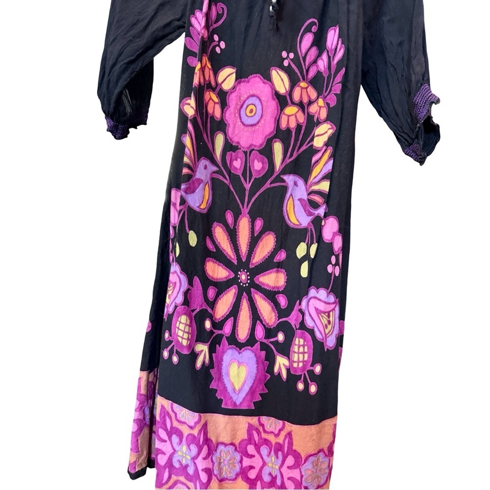 Black Boho Peasant Dress | Bird Floral Print | Smocked Neckline | Size M - Picture 3 of 11